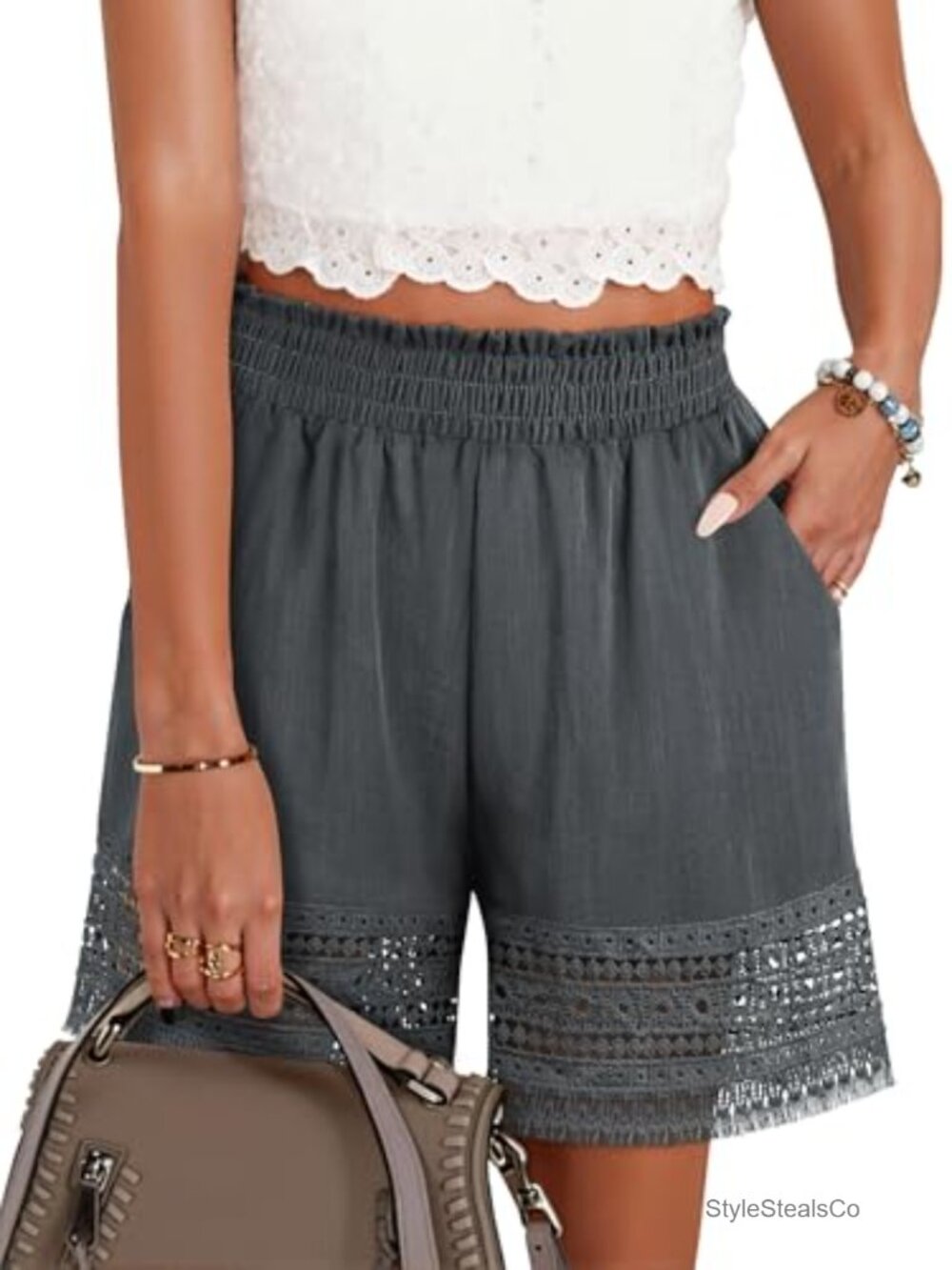 Women's Gray Crochet Hem Elastic Waist Shorts by